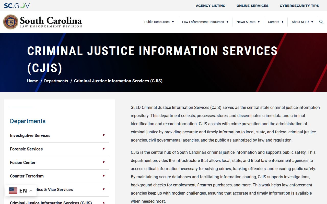 Chesterfield County criminal history repository at SLED CJIS