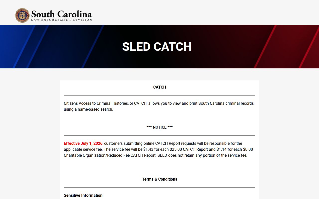 Chesterfield County criminal history search through SLED CATCH