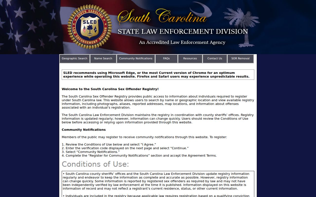 Chesterfield County sex offender registry search controls in SLED SORT