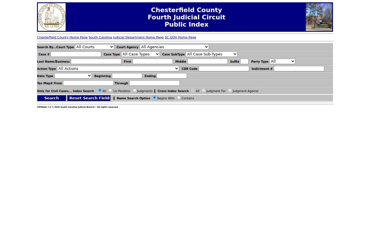 Chesterfield County court case Public Index search screen
